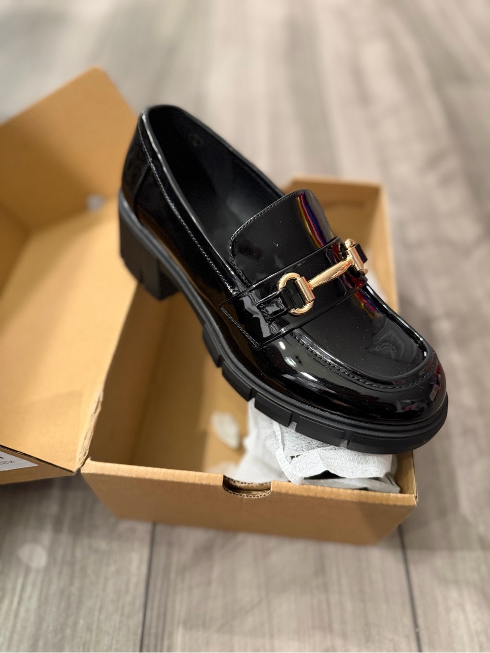 Women’s Black Patent Loafers with Gold Bit Hardware